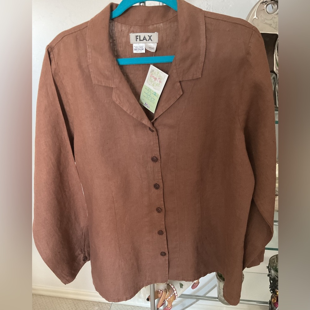 Flax Brown Linen Button-Front Women's Shirt